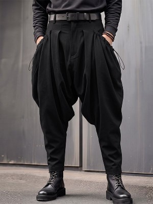 Men's Techwear Side Drawstring Ruched Low Drop Crotch Tapered Cuff Ankle Length Harem Trousers