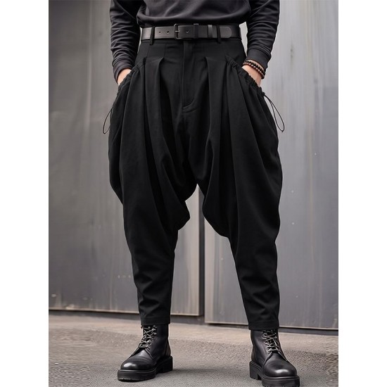 Men's Techwear Side Drawstring Ruched Low Drop Crotch Tapered Cuff Ankle Length Harem Trousers