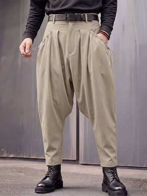 Men's Techwear Side Drawstring Ruched Low Drop Crotch Tapered Cuff Ankle Length Harem Trousers