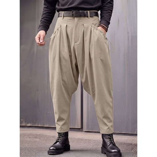 Men's Techwear Side Drawstring Ruched Low Drop Crotch Tapered Cuff Ankle Length Harem Trousers