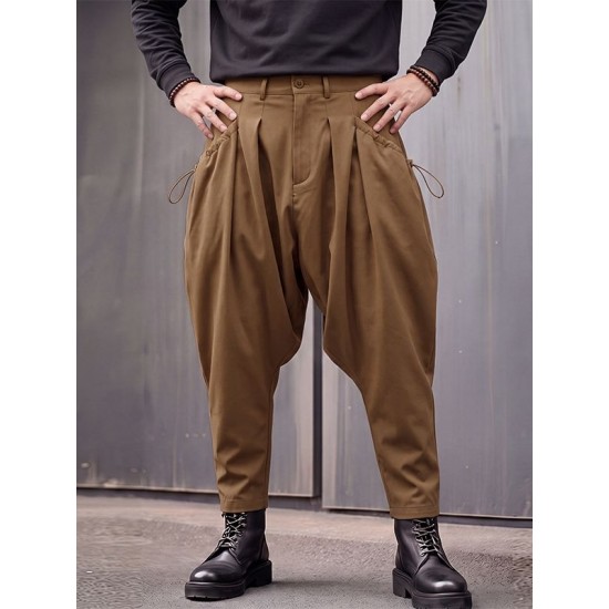 Men's Techwear Side Drawstring Ruched Low Drop Crotch Tapered Cuff Ankle Length Harem Trousers