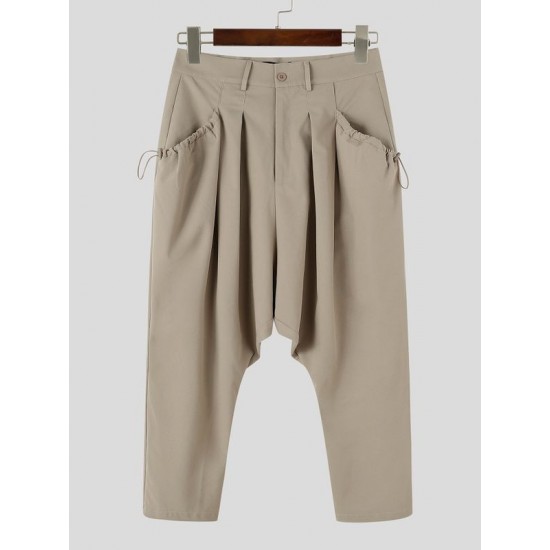 Men's Techwear Side Drawstring Ruched Low Drop Crotch Tapered Cuff Ankle Length Harem Trousers