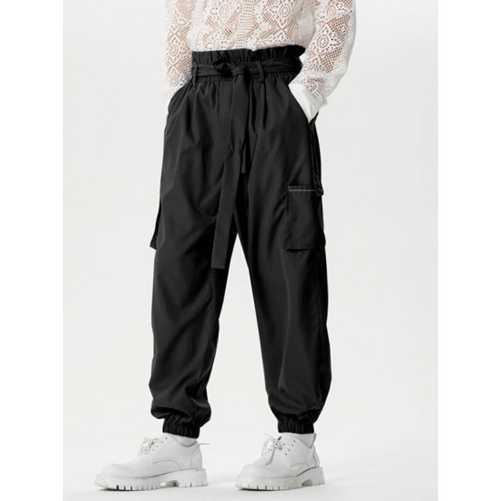 Men's Solid Elastic Cuff Cargo Pants With Belt