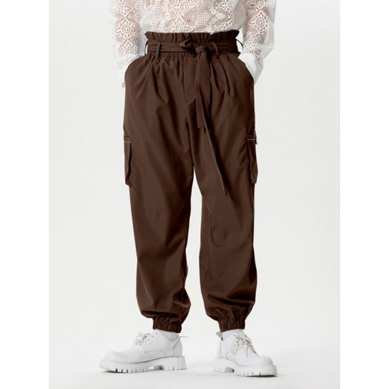Men's Solid Elastic Cuff Cargo Pants With Belt