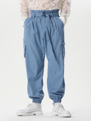 Men's Solid Elastic Cuff Cargo Pants With Belt