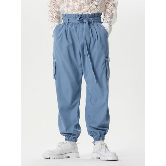 Men's Solid Elastic Cuff Cargo Pants With Belt