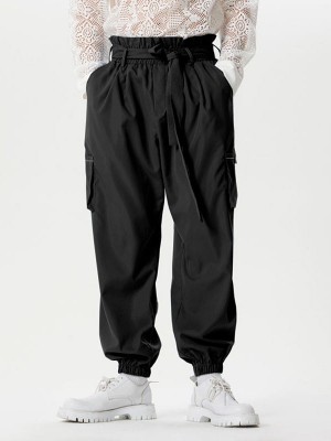 Men's Solid Elastic Cuff Cargo Pants With Belt