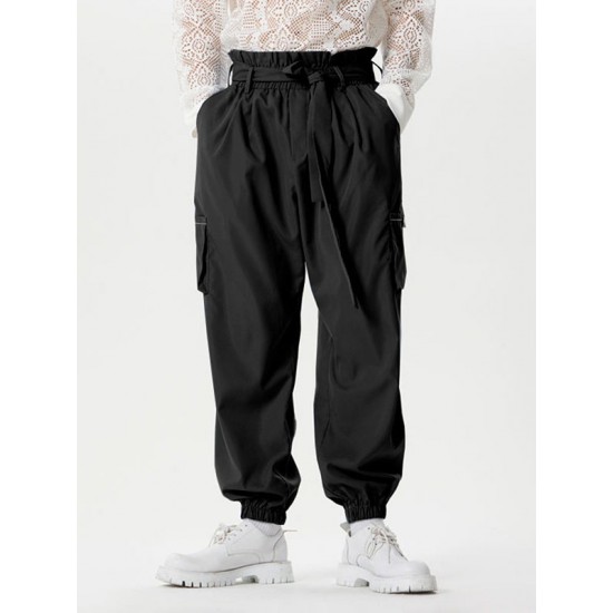 Men's Solid Elastic Cuff Cargo Pants With Belt