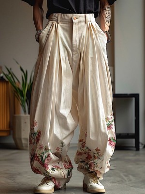 Men's Floral Print Wide Leg Trousers