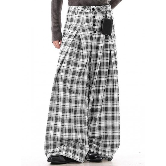 Men's Plaid Button Front Wide Leg Trousers