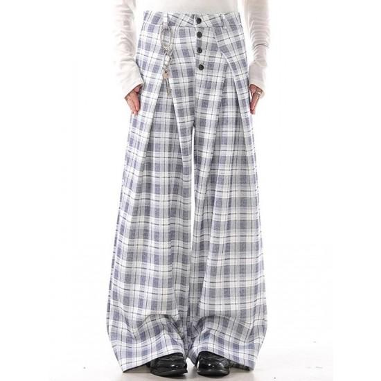 Men's Plaid Button Front Wide Leg Trousers