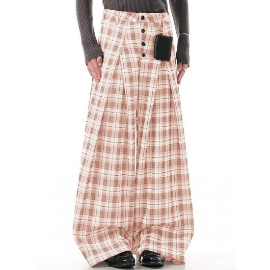 Men's Plaid Button Front Wide Leg Trousers