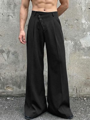 Men's Solid Color Asymmetric Placket Button Casual Trousers