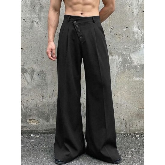 Men's Solid Color Asymmetric Placket Button Casual Trousers