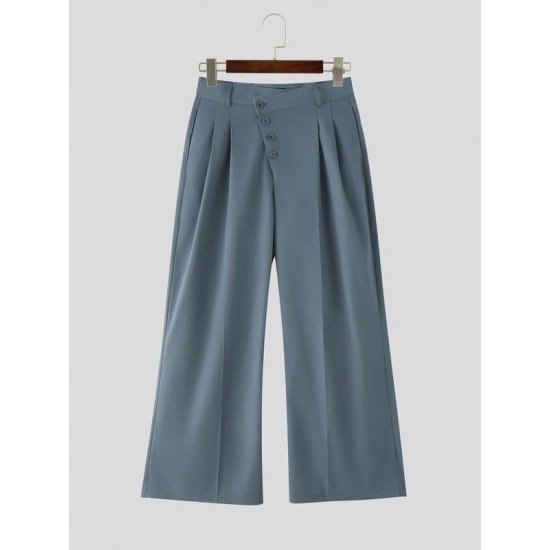 Men's Solid Color Asymmetric Placket Button Casual Trousers