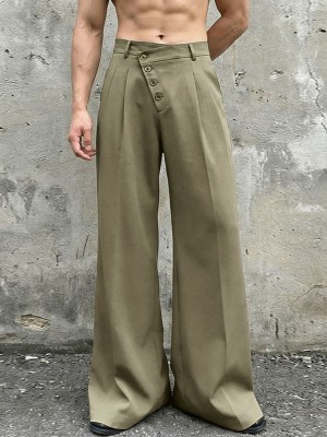 Men's Solid Color Asymmetric Placket Button Casual Trousers