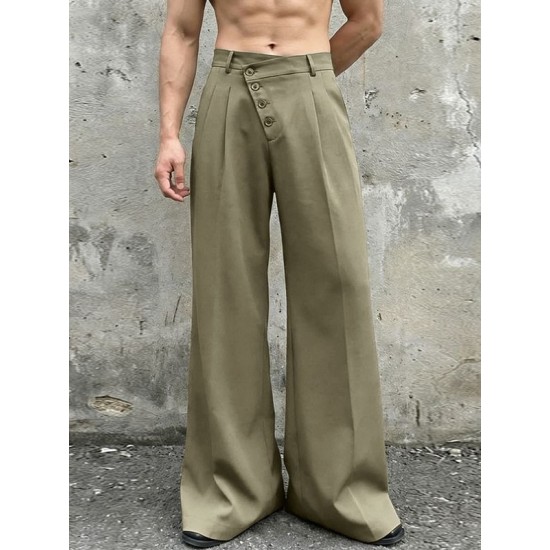 Men's Solid Color Asymmetric Placket Button Casual Trousers