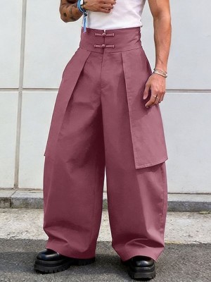 Men's Panel Patchwork Frog Button Wide Leg High Waist Trousers