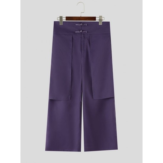Men's Panel Patchwork Frog Button Wide Leg High Waist Trousers