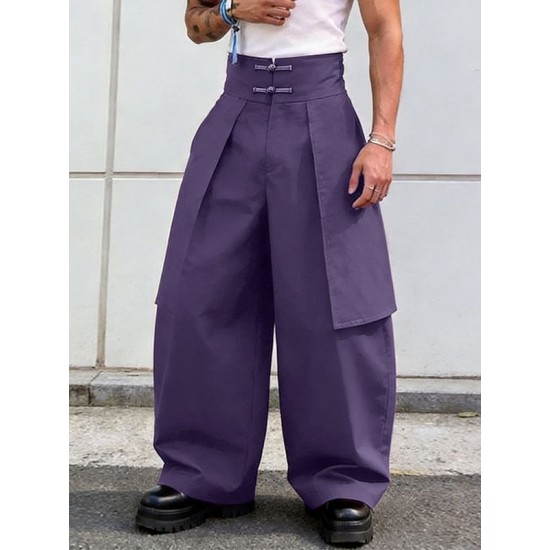 Men's Panel Patchwork Frog Button Wide Leg High Waist Trousers