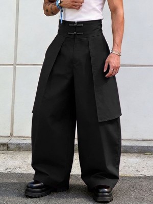 Men's Panel Patchwork Frog Button Wide Leg High Waist Trousers