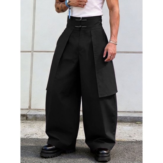 Men's Panel Patchwork Frog Button Wide Leg High Waist Trousers