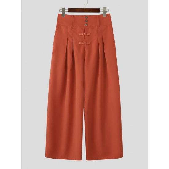 Men's Solid Color Frog Button Design Loose Long Trousers