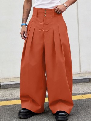 Men's Solid Color Frog Button Design Loose Long Trousers