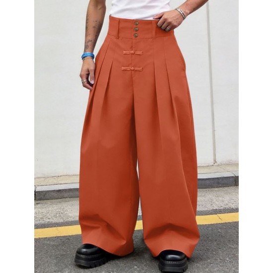 Men's Solid Color Frog Button Design Loose Long Trousers