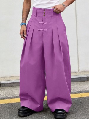 Men's Solid Color Frog Button Design Loose Long Trousers