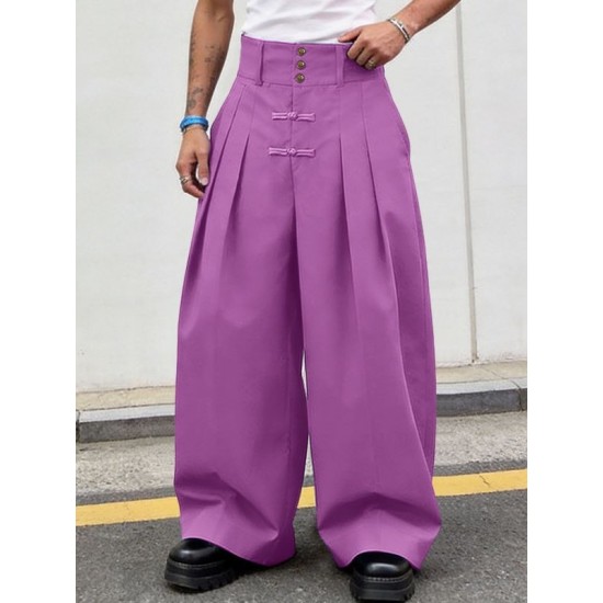 Men's Solid Color Frog Button Design Loose Long Trousers