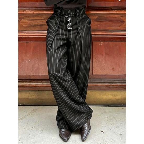 Men's Pinstripe High-Waist Sailor Button Wide-Leg Trousers