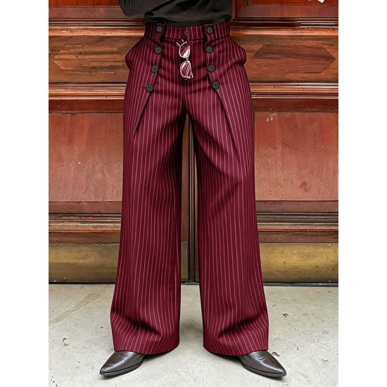 Men's Pinstripe High-Waist Sailor Button Wide-Leg Trousers