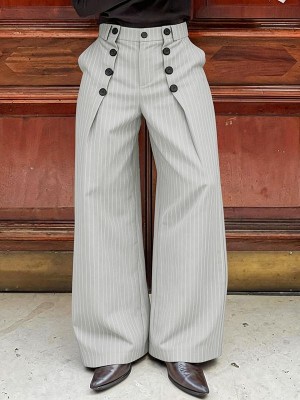 Men's Pinstripe High-Waist Sailor Button Wide-Leg Trousers