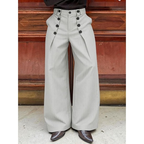 Men's Pinstripe High-Waist Sailor Button Wide-Leg Trousers