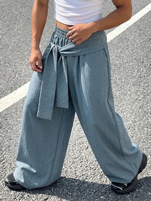 Men's Asymmetric Wrapped Tie-Waist Pinstripe Oversized Wide-Leg Baggy Trousers