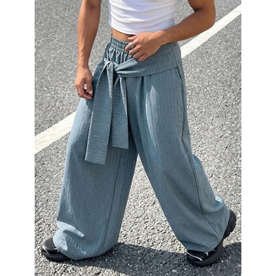 Men's Asymmetric Wrapped Tie-Waist Pinstripe Oversized Wide-Leg Baggy Trousers