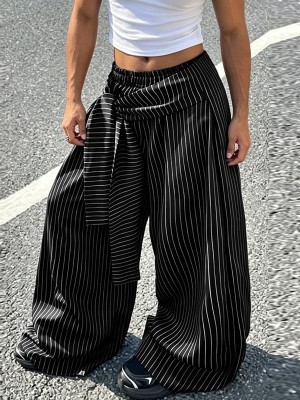 Men's Asymmetric Wrapped Tie-Waist Pinstripe Oversized Wide-Leg Baggy Trousers
