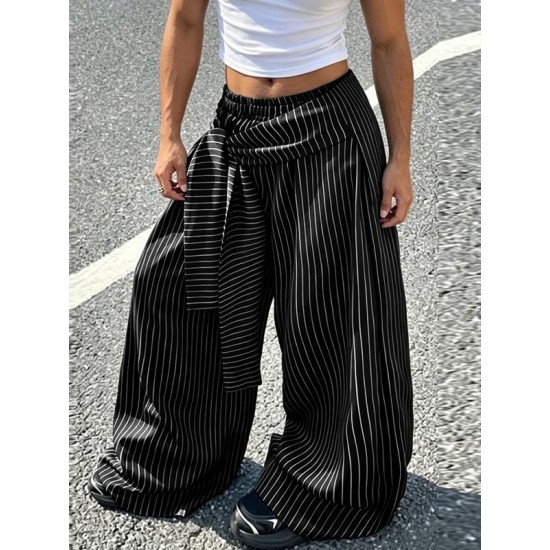 Men's Asymmetric Wrapped Tie-Waist Pinstripe Oversized Wide-Leg Baggy Trousers