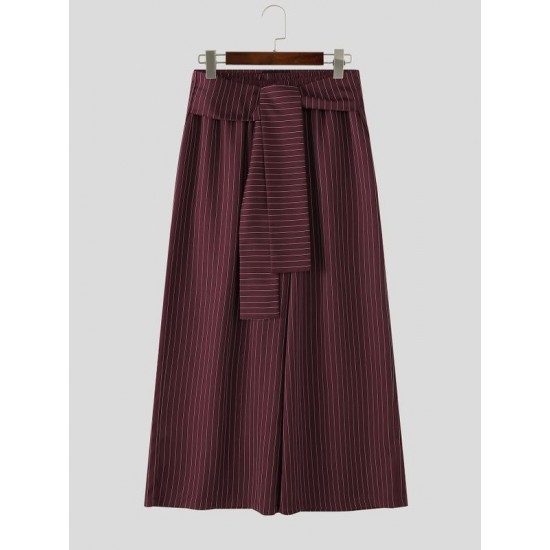 Men's Asymmetric Wrapped Tie-Waist Pinstripe Oversized Wide-Leg Baggy Trousers