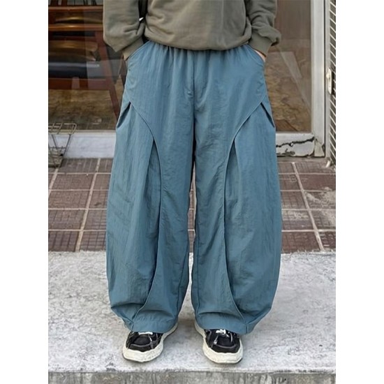 Men's Streetwear Oversized Baggy Curved Pleated Elastic Waist Trousers