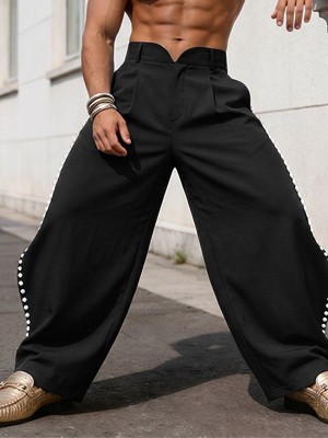 Men's Pearl Beaded Side Slit High Waist Wide Leg Trousers