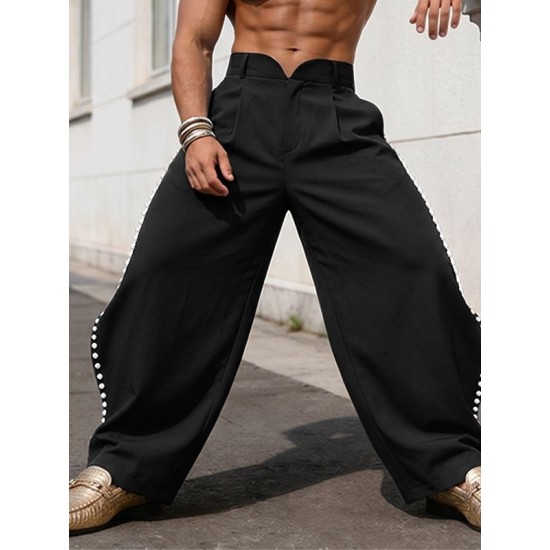 Men's Pearl Beaded Side Slit High Waist Wide Leg Trousers