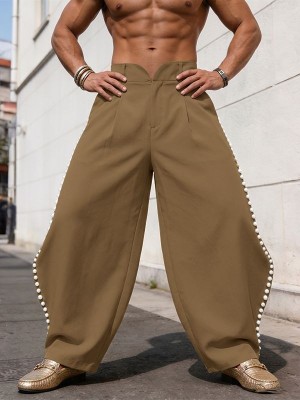 Men's Pearl Beaded Side Slit High Waist Wide Leg Trousers