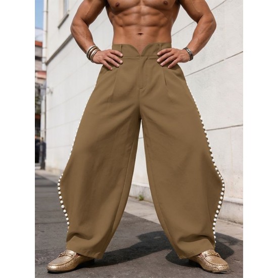 Men's Pearl Beaded Side Slit High Waist Wide Leg Trousers