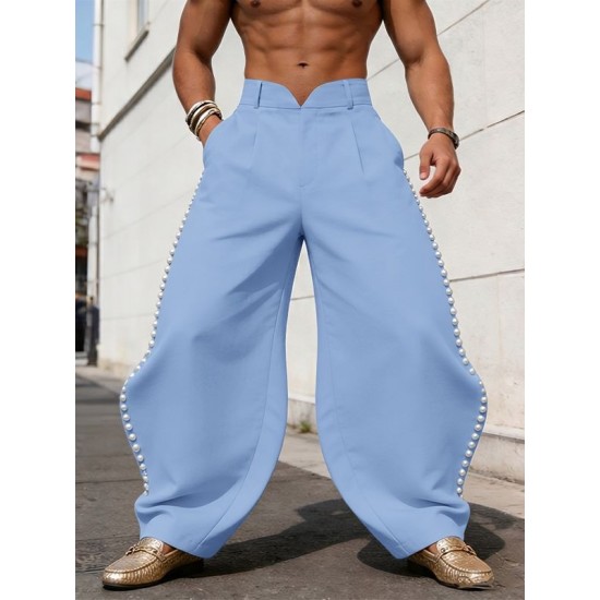 Men's Pearl Beaded Side Slit High Waist Wide Leg Trousers