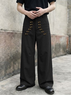 Men's Vintage Military Heavy Pintuck Double-Breasted Button High Waist Wide Leg Trousers