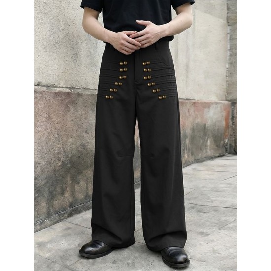 Men's Vintage Military Heavy Pintuck Double-Breasted Button High Waist Wide Leg Trousers