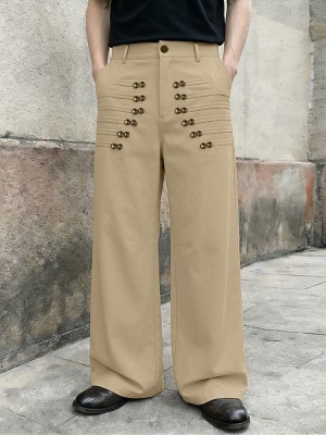 Men's Vintage Military Heavy Pintuck Double-Breasted Button High Waist Wide Leg Trousers