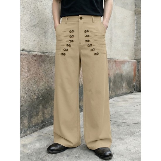 Men's Vintage Military Heavy Pintuck Double-Breasted Button High Waist Wide Leg Trousers